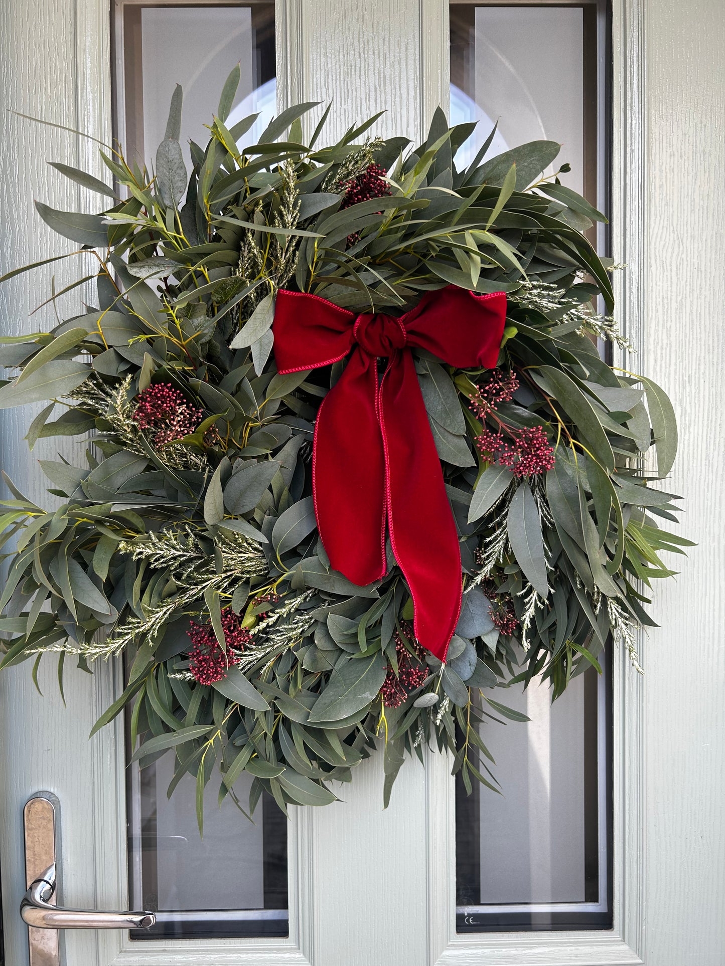 Fresh Mixed Foliage Wreath with Burgundy Ribbon